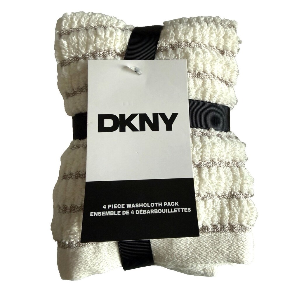 DKNY Facecloths Washcloths Set of 4 Textured Ivory Gray Stripes 100% Cotton